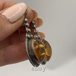 Victorian Antique Vintage Sterling Silver Large Baltic Amber Earrings Heavy
