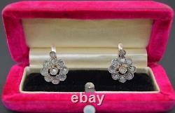Victorian Rose Cut Diamond Cluster Halo Earrings in 10K & Sterling Silver
