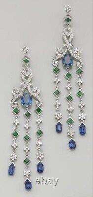 Victorian Vintage Chandelier Earrings 925 Sterling Silver Emerald & Sapphire 9CM