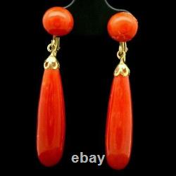 Victorian Vintage Simulated Coral Dangle Drop Earrings 14K Yellow Gold Finish