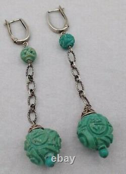 VintageAntique CarvedChinese Turquoise Shou Beads Sterling Silver 925 Earrings