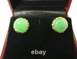 Vintage 10mm Natural Green Jade Stud Earring 14k Yellow Gold Plated Jade Earring