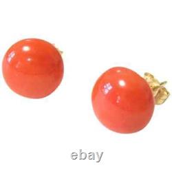Vintage 10mm Round Orange Coral Stud Earring 14k Yellow Gold Over Coral Earring
