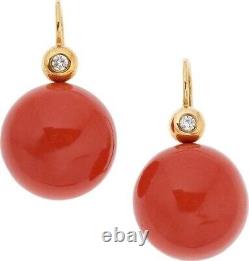 Vintage 12mmBall Cut Simulated Red Coral Drop Dangle Earrings Sterling Silver925