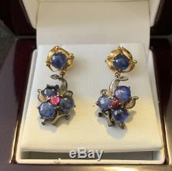 Vintage 14k and Sterling Cabochon Sapphire and Ruby Earrings Art Nouveau
