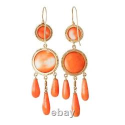 Vintage 15mm Round Orange Coral Earring 14k Yellow Gold Over Dangle Earring