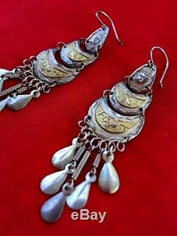 Vintage 18K Textured Solid Gold & Sterling Silver 950 Dandge Hook Earrings