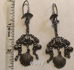 Vintage 1920's Art Nouveau Sterling Silver Dangle Earrings-2 1/2