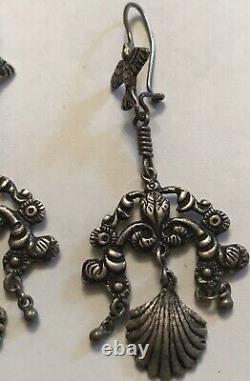 Vintage 1920's Art Nouveau Sterling Silver Dangle Earrings-2 1/2