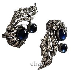 Vintage 1940/50s Sterling Silver Glass Sapphire & Diamond Paste Clip on Earrings