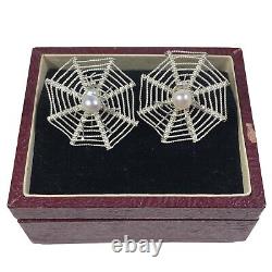 Vintage 1940's Sterling Pearl Filigree Spider Web Screw Back Earrings Halloween