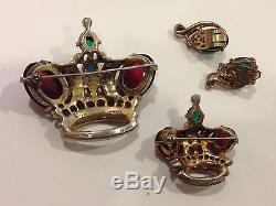 Vintage 1940s Trifari sterling Philippe 2 crown pins + earrings ruby cabachons