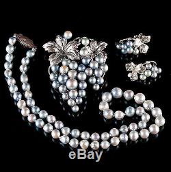 Vintage 1950's Sterling Silver Cultured Pearl Necklace / Brooch / Earring Set