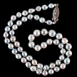 Vintage 1950's Sterling Silver Cultured Pearl Necklace / Brooch / Earring Set