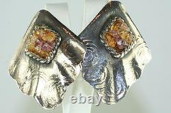 Vintage 1980's Large Hand Wrought Sterling Silver Ametrine Clip Earrings