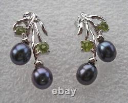 Vintage 1990-s 925 Sterling Silver Earrings with Peridot/Black Pearls in Box