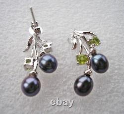 Vintage 1990-s 925 Sterling Silver Earrings with Peridot/Black Pearls in Box