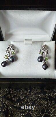 Vintage 1990-s 925 Sterling Silver Earrings with Peridot/Black Pearls in Box