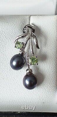 Vintage 1990-s 925 Sterling Silver Earrings with Peridot/Black Pearls in Box