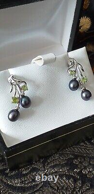 Vintage 1990-s 925 Sterling Silver Earrings with Peridot/Black Pearls in Box