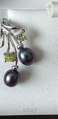 Vintage 1990-s 925 Sterling Silver Earrings with Peridot/Black Pearls in Box