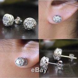 Vintage 1 Ct Off White Round Cut Moissanite Sterling Silver Halo Stud Earring