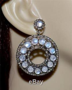 Vintage 23.40ctw Genuine Rose Cut Diamonds & Moonstone Sterling Silver Earrings