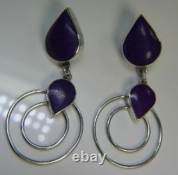 Vintage 2 1/2 sturdy Sugilite dangling 925 Sterling Silver post purple earrings