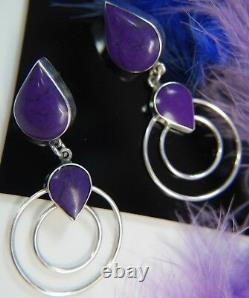 Vintage 2 1/2 sturdy Sugilite dangling 925 Sterling Silver post purple earrings