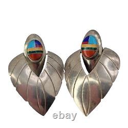 Vintage 2 Sets Navajo Art Deco Native Earrings Sterling MJ Multicolor Southwest