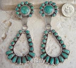 Vintage 3 NAVAJO TURQUOISE STERLING PETIT POINT CLUSTER DANGLE EARRINGS SIGNED