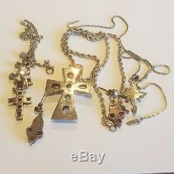 Vintage 3 Sterling Silver Garnet Moonstone Earrings & Amethyst Cross Necklaces