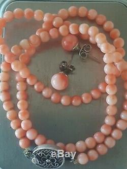 Vintage 42cm Chinese Export Sterling Silver Genuine Coral Necklace & Earring 12g