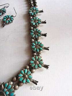 Vintage 50s Zuni Squash Blossom Sterling Necklace & Earrings-Turquoise-Old Pawn