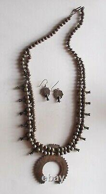 Vintage 50s Zuni Squash Blossom Sterling Necklace & Earrings-Turquoise-Old Pawn