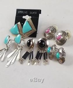 Vintage 5 Sterling Silver 925 Turquoise Coral Agate Pierced Earrings Lot 36.88 g