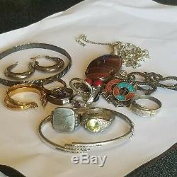 Vintage 925 2 Earrings 6 Rings 2 Bracelets 1 Red Banded Agate Necklaces Lot