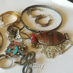 Vintage 925 2 Earrings 6 Rings 2 Bracelets 1 Red Banded Agate Necklaces Lot