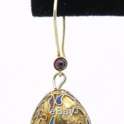Vintage 925 Gold Tone Sterling Silver Enamel Victorian Egg Ruby Cross Earrings