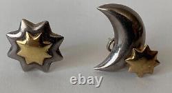 Vintage 925 Sterling Silver & 750 18k Gold Earrings Moon Star Omega Back