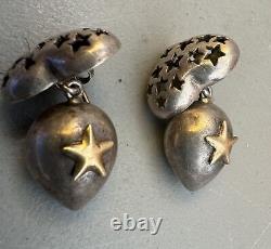 Vintage 925 Sterling Silver & 750/18k Gold Heart with Cut Stars Dangle Earrings