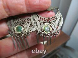 Vintage 925 Sterling Silver Filigree Cannetille Turquoise Tassel Hook Earrings