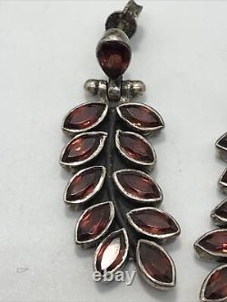 Vintage 925 Sterling Silver & Garnet Stones Dangle Pierced Earrings