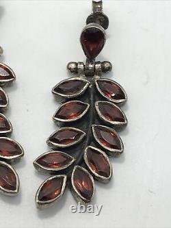 Vintage 925 Sterling Silver & Garnet Stones Dangle Pierced Earrings