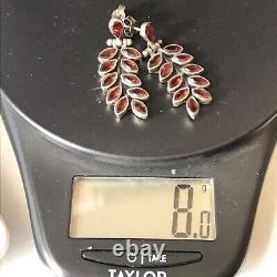 Vintage 925 Sterling Silver & Garnet Stones Dangle Pierced Earrings