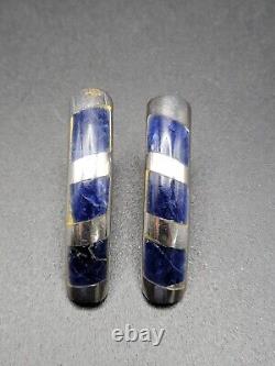 Vintage 925 Sterling Silver Inlay Sodalite Earrings Mexico Taxco Dangle Solid