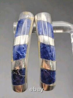 Vintage 925 Sterling Silver Inlay Sodalite Earrings Mexico Taxco Dangle Solid