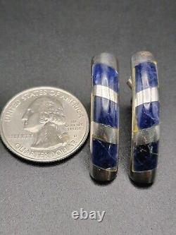 Vintage 925 Sterling Silver Inlay Sodalite Earrings Mexico Taxco Dangle Solid