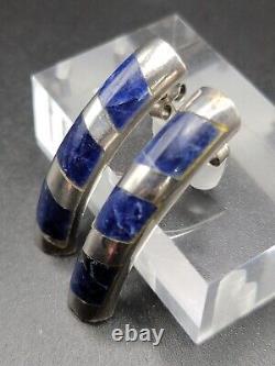 Vintage 925 Sterling Silver Inlay Sodalite Earrings Mexico Taxco Dangle Solid