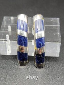 Vintage 925 Sterling Silver Inlay Sodalite Earrings Mexico Taxco Dangle Solid